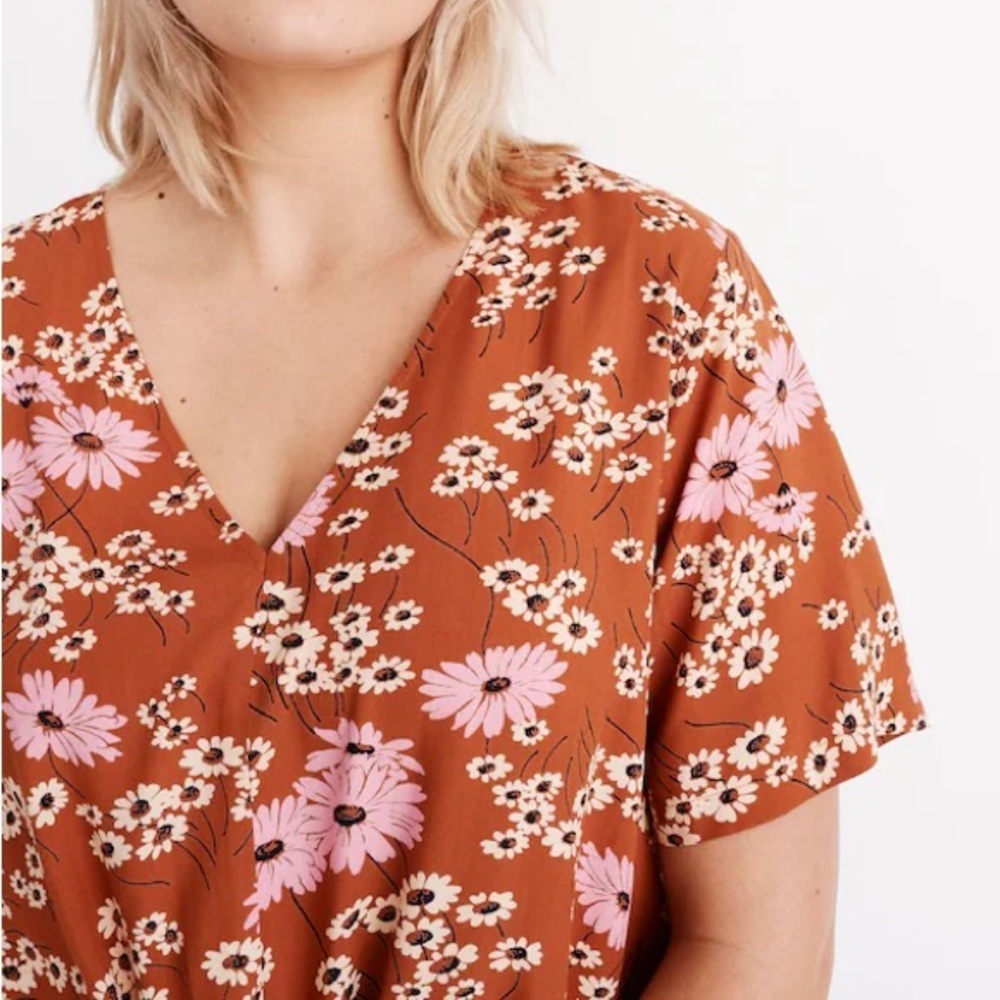 Madewell Daisy Print Tie-Front V-Neck Blouse Brown Pink Floral Medium - Picture 5 of 9